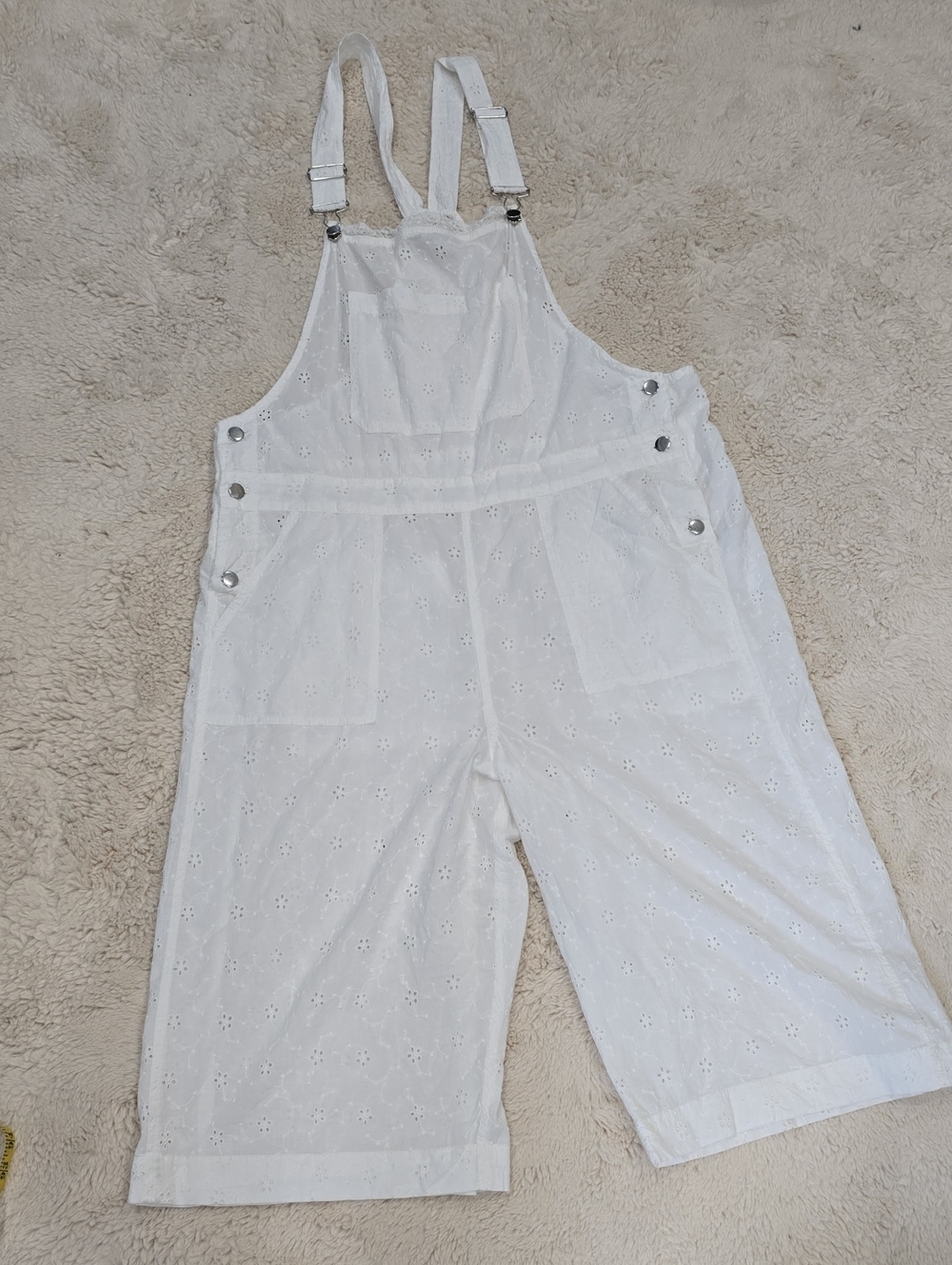 BDG White Eyelet Cotton Overalls with Pink Stitch Detail